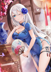 1girl, blue dress, blue eyes, breasts, china dress, chinese clothes, cleavage, cleavage cutout, clothing cutout, dress, fan, groin, highres, holding, large breasts, long hair, looking at viewer, mutang, no panties, one eye closed, original, pelvic curtain, short sleeves, side cutout, silver hair, skindentation, solo, standing, thigh strap, thighs, very long hair