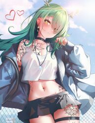 Rule 34 | 1girl, alternate costume, antlers, arm tattoo, black choker, black nails, black skirt, blue jacket, blue sky, branch, breasts, ceres fauna, choker, cleavage, cloud, cowboy shot, crop top, day, ear piercing, earrings, green hair, heart, highres, hololive, hololive english, horns, jacket, jewelry, large breasts, leaf, leg tattoo, long hair, midriff, miniskirt, mole, mole under eye, navel, navel piercing, outdoors, parted lips, pendant, piercing, single bare shoulder, sk jynx, skirt, sky, solo, stomach, tank top, tattoo, thigh strap, virtual youtuber, white tank top, yellow eyes