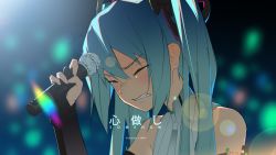 Rule 34 | 1girl, aqua hair, bagus casbon, bare shoulders, blurry, blurry background, blush, bridal gauntlets, close-up, commentary, concert, crying, detached sleeves, closed eyes, glowstick, hair ornament, hand up, hatsune miku, hatsune miku (append), highres, holding, holding microphone, lens flare, long hair, microphone, portrait, shirt, sleeveless, sleeveless shirt, solo, spotlight, twintails, very long hair, vocaloid, vocaloid append