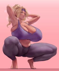 Rule 34 | 1girl, armpits, arms behind head, arms up, barefoot, blonde hair, breasts, cleavage, commentary, curvy, dark-skinned female, dark skin, eu03, exercising, from below, full body, gigantic breasts, gluteal fold, gradient background, headband, heavy breathing, high ponytail, highres, leggings, long hair, mature female, navel, nvidia mom (eu03), original, pants, pink background, ponytail, purple sports bra, simple background, skindentation, solo, sports bra, squatting, strap gap, sweat, sweatband, tiptoes, toes, yellow eyes, yoga pants