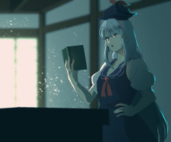 Rule 34 | 1girl, blue dress, blue hat, blunt bangs, book, commentary, cowboy shot, dress, fingernails, hand on own hip, hand up, hat, holding, holding book, indoors, irohasu (sasagarasu), kamishirasawa keine, long hair, looking at object, neckerchief, open book, open mouth, podium, puffy short sleeves, puffy sleeves, red eyes, red neckerchief, short sleeves, silver hair, solo, teeth, tokin hat, touhou, upper teeth only, very long hair, window