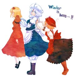 Rule 34 | 3girls, aki minoriko, aki shizuha, blonde hair, blue eyes, boots, colored pencil (medium), dress, english text, female focus, flying sweatdrops, food, fruit, grapes, hair ornament, hat, holding, leaf, leaf on head, letty whiterock, mary janes, multiple girls, open mouth, pushing, shoes, short hair, simple background, terrajin, tiptoes, touhou, traditional media, white background, white hair