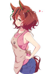 Rule 34 | 1girl, alternate costume, animal ears, apron, armpits, casual, commentary request, highres, horse ears, horse girl, horse tail, looking at viewer, looking to the side, medium hair, mel (melty pot), nice nature (umamusume), red hair, shorts, simple background, solo, tail, umamusume, white background, yellow eyes
