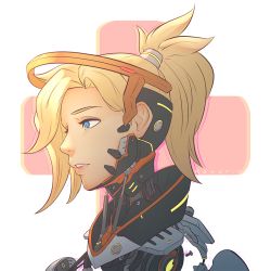 Rule 34 | 1girl, artist name, blonde hair, blue eyes, close-up, halo, high ponytail, koyorin, lips, mechanical halo, mechanical parts, mercy (overwatch), overwatch, overwatch 1, parted lips, robot, short hair, solo