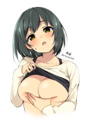 Rule 34 | 1girl, :o, black bra, blush, bra, bra lift, breasts, breasts out, cleavage, clothes lift, collarbone, commentary request, grey hair, head tilt, highres, kirikirimai (kkm), lifted by self, long sleeves, looking at viewer, medium breasts, mole, mole under mouth, no nipples, open mouth, original, shirt, shirt lift, short hair, signature, simple background, solo, sweat, tareme, teeth, twitter username, underwear, upper body, upper teeth only, white background, white shirt, yellow eyes