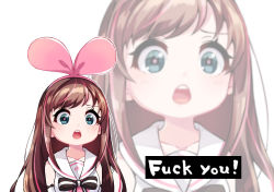 Rule 34 | 1girl, bare shoulders, blue eyes, blush, bow, bowtie, brown hair, commentary, detached sleeves, english text, hair bow, hairband, kizuna ai, kizuna ai inc., long hair, looking at viewer, open mouth, pikomarie, pink bow, pink pupils, profanity, sailor collar, school uniform, serafuku, solo, teeth, text focus, upper teeth only, virtual youtuber, white sailor collar, zoom layer