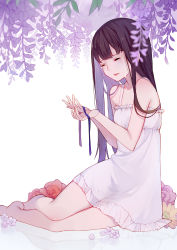 Rule 34 | 1girl, absurdres, black hair, blue ribbon, commentary request, crying, dress, closed eyes, flower, highres, holding, holding ribbon, original, purple flower, red flower, reflection, ribbon, simple background, sitting, solo, streaming tears, sundress, sylvia (huajiuhuajiu), tears, white background, white dress, wisteria, yellow flower