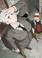 Rule 34 | 1boy, 1girl, :o, alternate hairstyle, backpack, bag, black necktie, black shirt, breasts, brown gloves, cargo shorts, dorohedoro, ear piercing, earrings, flyer, from above, fujita (dorohedoro), giganticbuddha, gloves, grey jacket, grey skirt, hair bun, highres, jacket, jewelry, large breasts, looking up, necktie, noi (dorohedoro), office lady, pantyhose, perspective, piercing, red eyes, shirt, shorts, skirt, smoke, stud earrings, t-shirt, white hair