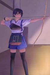 Rule 34 | 1girl, aiming, apron, arrow (projectile), azu (yamahasu1245), black hair, black thighhighs, blue hakama, bow (weapon), brown eyes, feet out of frame, flight deck, gloves, hakama, hakama short skirt, hakama skirt, highres, indoors, japanese clothes, kaga (kancolle), kantai collection, muneate, partially fingerless gloves, partly fingerless gloves, short hair, short sidetail, side ponytail, skirt, solo, standing, tasuki, thighhighs, weapon, yugake, yumi (bow)