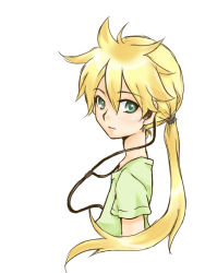 Rule 34 | 1boy, alternate hair length, alternate hairstyle, ayapo, bad id, bad pixiv id, blonde hair, earplugs, expressionless, kagamine len, long hair, looking at viewer, ponytail, vocaloid