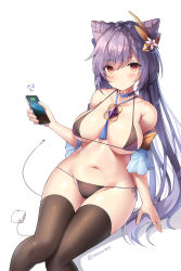 Rule 34 | 1girl, absurdres, bare shoulders, bikini, black thighhighs, blush, breasts, cone hair bun, electro (genshin impact), genshin impact, groin, hair bun, hair ornament, highres, holding, jewelry, keqing (genshin impact), long hair, looking at viewer, medium breasts, navel, necklace, purple eyes, purple hair, simple background, sitting, sob (submar1089), solo, stomach, string bikini, swimsuit, thighhighs, twintails, white background