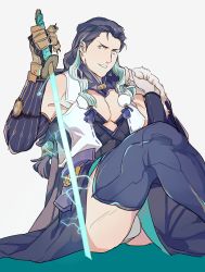 Rule 34 | 10s, 1boy, absurdres, black hair, black thighhighs, blue eyes, cleavage cutout, clothing cutout, cosplay, creator connection, fate/grand order, fate (series), full body, gloves, grey background, heima (jk0t0-g4t), highres, jacket, jacket on shoulders, japanese clothes, long hair, male focus, multicolored hair, muscular, nikola tesla (fate), pectorals, pom pom (clothes), sengo muramasa (touken ranbu), sengo muramasa (touken ranbu) (cosplay), side slit, simple background, sitting, sleeveless, smile, solo, sword, tabi, thighhighs, touken ranbu, two-tone hair, weapon