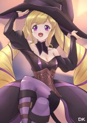 Rule 34 | 1girl, alternate costume, blonde hair, breasts, cleavage, commission, deekei, elise (fire emblem), fire emblem, fire emblem fates, hat, highres, crossed legs, long hair, long sleeves, multicolored hair, nintendo, open mouth, purple eyes, purple hair, solo, twintails, witch, witch hat
