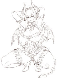 Rule 34 | 1girl, apron, armpits, arms behind head, arms up, bangs, bare shoulders, blush, boots, bow, breasts, brooch, bustier, cameltoe, cattleya (houtengeki), cleavage, cleft of venus, collared dress, curvy, demon girl, demon horns, demon tail, demon wings, dress, elbow gloves, erect nipples, eyebrows visible through hair, frilled apron, frilled dress, frills, garter straps, gloves, hair intakes, high heel boots, high heels, horns, houtengeki, huge breasts, jewelry, lace, lace trim, long hair, looking at viewer, maid, micro panties, monochrome, naughty face, open mouth, original, panties, pointy ears, pussy peek, ribbon, sidelocks, sketch, skindentation, skirt, solo, spread legs, squatting, sweat, tail, thick thighs, thigh boots, thighhighs, thighs, tongue, tongue out, underbust, underwear, waist apron, wings