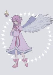 Rule 34 | 2girls, amulet angel, angel wings, atat karubi, diamond (shape), dress, el (shugo chara!), feathered wings, frilled dress, frills, full body, highres, hinamori amu, multiple girls, own hands together, pink dress, pink footwear, pink hair, short hair, shugo chara!, standing, standing on one leg, twintails, wings, yellow eyes