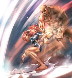 Rule 34 | 1boy, 1girl, abs, action, barefoot, bodysuit, bow (bhp), fighting, highres, martial arts, muscular, red hair, scar