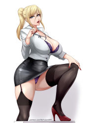 Rule 34 | 1girl, absurdres, artist name, black garter straps, black skirt, blonde hair, blue eyes, bra, breasts, cleavage, collared shirt, commentary, english commentary, garter straps, glasses, hair between eyes, high heels, highres, holding, lace, lace-trimmed bra, lace trim, large breasts, lingerie, long hair, long sleeves, looking at viewer, metroid, nail polish, nintendo, nofuture, office, office lady, open clothes, open shirt, panties, pantyshot, parted lips, patreon username, ponytail, purple bra, purple panties, red footwear, red lips, red nails, samus aran, shadow, shirt, skirt, solo, standing, standing on one leg, thighhighs, thighs, underwear, v-shaped eyebrows, white shirt, white sleeves