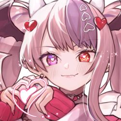 Rule 34 | 1girl, a888 n22, blush, choker, demon girl, demon horns, demon wings, earrings, fang, hair ornament, head wings, heart, heart-shaped pupils, heart choker, heart hair ornament, heart hands, heart o-ring, heterochromia, horns, ironmouse, ironmouse (13th costume), jewelry, long hair, looking at viewer, multicolored hair, o-ring, o-ring choker, pink hair, pointy ears, purple eyes, purple hair, red eyes, single earring, skin fang, spiked choker, spikes, streaked hair, symbol-shaped pupils, twintails, virtual youtuber, vshojo, wings