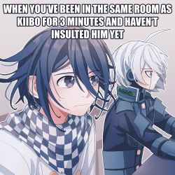 Rule 34 | 2boys, ahoge, android, checkered clothes, checkered scarf, cheer (cheerpuppy14), commentary, danganronpa (series), danganronpa v3: killing harmony, english commentary, english text, expressionless, from side, grey background, hair between eyes, highres, jacket, k1-b0, long hair, long sleeves, macro, male focus, meme, multiple boys, oma kokichi, outline, purple eyes, purple hair, scarf, short hair, straitjacket, sweatdrop, trying to hold a fart (meme), upper body, veins, white jacket, white outline