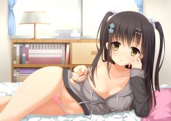 Rule 34 | 1girl, bedroom, black hair, blush, bow, bow panties, breasts, cleavage, collarbone, feeding, female focus, food, fruit, grey shirt, hair ornament, hair ribbon, hairclip, hairpin, incoming food, indoors, large breasts, looking at viewer, lying, no pants, off shoulder, on bed, on side, panties, pink panties, pov feeding, revision, ribbon, sanoba witch, shirt, solo, strawberry, suzuame yatsumi, togakushi touko, two side up, underwear, yellow eyes
