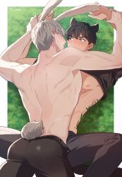 Rule 34 | 2boys, absurdres, animal ears, back, blush, brown hair, cat ears, hands on another&#039;s arms, highres, ilay riegrow, jeong taeui, male focus, multiple boys, muscular, muscular male, nipples, o ssion, on grass, passion (manhwa), pectorals, rabbit ears, rabbit tail, tail, white background, white hair, yaoi