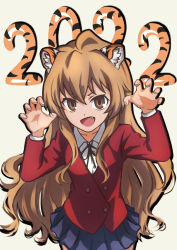 Rule 34 | 1girl, 2022, aisaka taiga, animal ears, black ribbon, blazer, blue skirt, brown hair, buttons, chinese zodiac, claw pose, collared shirt, commentary request, cowboy shot, double-breasted, fang, hands up, highres, jacket, kosaki0223, long hair, long sleeves, looking at viewer, neck ribbon, oohashi high school uniform, open mouth, pleated skirt, red jacket, ribbon, school uniform, shirt, simple background, skirt, smile, solo, standing, tiger ears, toradora!, very long hair, white background, white shirt, year of the tiger