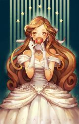Rule 34 | 1girl, alternate costume, bare shoulders, brown eyes, brown hair, character name, cocoa cookie, cookie run, cup, curly hair, dress, drinking, earrings, gloves, gown, hair ribbon, jewelry, long hair, looking to the side, mug, necklace, ribbon, solo, star (symbol), white dress, white gloves, yangdeer