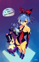 Rule 34 | 1girl, blue hair, bow hairband, rabbit, detached collar, disgaea, hairband, bridal garter, leotard, necktie, optionaltypo, pleinair, red eyes, short hair, strapless, strapless leotard, stuffed animal, stuffed rabbit, stuffed toy