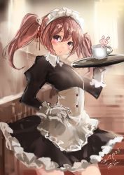 Rule 34 | 1girl, alternate costume, apron, black dress, rabbit, cowboy shot, cup, dated, dress, enmaided, gloves, hair bobbles, hair ornament, hand on own hip, kantai collection, looking at viewer, maid, maid headdress, pink eyes, pink hair, sazanami (kancolle), short hair, signature, solo, toka (marchlizard), tray, twintails, white apron, white gloves