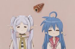 Rule 34 | 2girls, :3, = =, ahoge, black shirt, blue hair, blush, brown background, capelet, chocolate cornet, closed eyes, closed mouth, commentary request, crossover, dutch angle, earrings, elf, flat chest, food, frieren, hair between eyes, highres, izumi konata, jewelry, long bangs, long hair, lucky star, medium bangs, multiple girls, naaga sonomono, neckerchief, parted bangs, pink neckerchief, pointy ears, red sailor collar, ryouou school uniform, sailor collar, school uniform, shirt, simple background, smile, sousou no frieren, striped clothes, striped shirt, thick eyebrows, twintails, white capelet, white hair, white shirt
