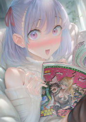 Rule 34 | 1girl, bare shoulders, blush, book, breasts, clothing cutout, fate/grand order, fate (series), helena blavatsky (fate), highres, imizu (nitro unknown), long sleeves, looking at viewer, open book, open mouth, purple eyes, purple hair, short hair, shoulder cutout, small breasts, smile, solo, sweater, turtleneck, turtleneck sweater, white sweater