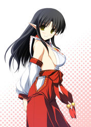 Rule 34 | 1girl, adapted uniform, arms behind back, bare shoulders, black hair, blush, breasts, detached sleeves, hakama, hakama skirt, halftone, halftone background, halterneck, japanese clothes, large breasts, light smile, long hair, looking at viewer, miko, no bra, original, phantasy star, phantasy star universe, pink background, pointy ears, profile, red hakama, sideboob, simple background, skirt, solo, white background, wide sleeves, yellow eyes, yuuki makoto (radiant)