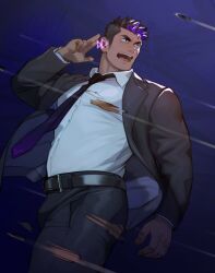 Rule 34 | 1boy, ass peek, asymmetrical hair, bara, belt, black belt, black hair, black jacket, black pants, black suit, bulge, bullet, dark-skinned male, dark skin, feet out of frame, formal, highres, jacket, large pectorals, leather belt, live a hero, long sideburns, looking to the side, magic, male focus, multicolored hair, muscular, muscular male, necktie, open clothes, open jacket, open mouth, pants, pectorals, purple hair, purple necktie, shirt, short hair, sideburns, sidecut, solo, streaked hair, suit, tabit (live a hero), tarutoru, torn clothes, torn pants, torn shirt, two-tone hair, undercut, underpec, white shirt