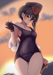 Rule 34 | 1girl, 702 (naotsu), absurdres, adjusting footwear, asymmetrical hair, black gloves, black hair, black one-piece swimsuit, breasts, brown eyes, brown footwear, cloud, evening, gloves, hair between eyes, headgear, highres, i-13 (kancolle), kantai collection, medium breasts, notice lines, one-piece swimsuit, outdoors, parted lips, partially fingerless gloves, short hair, single glove, sky, solo, sunset, swimsuit, wet