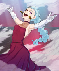 Rule 34 | 10s, 1girl, :d, aqua hair, armpits, bare shoulders, braid, braided ponytail, breasts, covered navel, death parade, dress, earrings, elbow gloves, gloves, half-closed eyes, jewelry, long hair, looking at viewer, nona (death parade), open mouth, outstretched arms, pink lips, purple eyes, red dress, single braid, skindentation, sleeveless, sleeveless dress, small breasts, smile, smoke, solo, spread arms, symbol-shaped pupils, very long hair, white gloves