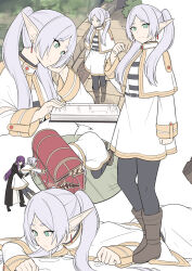 Rule 34 | belt, black belt, book, boots, breasts, brown footwear, capelet, closed mouth, earrings, elf, fern (sousou no frieren), frieren, full body, green eyes, grey hair, jewelry, long hair, looking at viewer, lying, mimic, mimic chest, multiple views, on stomach, pointy ears, reading, shiseki hirame, small breasts, sousou no frieren, standing, twintails, walking, white capelet