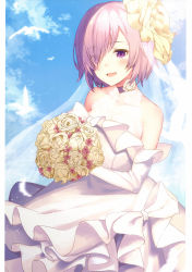 Rule 34 | absurdres, alternate costume, blue sky, blush, bouquet, bridal gauntlets, bridal veil, cloud, cloudy sky, cowboy shot, day, dress, elbow gloves, fate/grand order, fate (series), flower, gloves, hair over one eye, haru (hiyori-kohal), highres, holding, holding bouquet, huge filesize, mash kyrielight, open mouth, outdoors, purple eyes, purple hair, scan, short hair, sky, smile, veil, wedding dress, white dress, white gloves