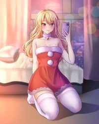 Rule 34 | 1girl, arms behind back, bang dream!, bed, bell, blonde hair, blush, breasts, brown eyes, cellphone, christmas, closed mouth, curtains, dress, full body, fur-trimmed dress, fur choker, fur trim, highres, holding, holding phone, indoors, jingle bell, kirigaya toko, kneeling, long hair, looking at viewer, medium breasts, neck bell, night, phone, ptal, red dress, santa dress, selfie, sleeveless, sleeveless dress, smartphone, smile, solo, strapless, strapless dress, taking picture, thighhighs, white thighhighs, window