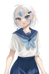 Rule 34 | 1girl, absurdres, ahoge, alternate costume, arms at sides, blue eyes, blue hair, blue neckerchief, blue sailor collar, blue skirt, bob cut, commentary, english commentary, eyelashes, fang, fish bone hair ornament, gawr gura, grey hair, hair ornament, hairclip, head tilt, highres, hololive, hololive english, knifecat, looking at viewer, multicolored hair, neckerchief, official alternate hair length, official alternate hairstyle, parted lips, pleated skirt, sailor collar, school uniform, serafuku, shirt, short sleeves, simple background, skirt, solo, streaked hair, swept bangs, upper body, virtual youtuber, white background, white shirt