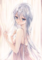 Rule 34 | 1girl, absurdres, bare arms, bare shoulders, blue eyes, blush, commentary request, curtains, dress, grey hair, hair between eyes, hands up, highres, long hair, looking at viewer, looking to the side, paraffin, parted lips, project sekai, sleeveless, sleeveless dress, solo, upper body, very long hair, white dress, yoisaki kanade