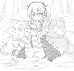 Rule 34 | 10s, 1girl, bandaid, bed sheet, boko (girls und panzer), bow, bowtie, cast, casual, closed mouth, collared shirt, crossed arms, eyepatch, full body, girls und panzer, greyscale, hair ribbon, high-waist skirt, highres, holding, holding stuffed toy, layered skirt, long hair, long sleeves, looking at viewer, medium skirt, megumegu hosi 117, monochrome, no shoes, on bed, panties, pantyshot, ribbon, shimada arisu, shirt, sitting, skirt, smile, solo, striped clothes, striped thighhighs, stuffed animal, stuffed toy, suspender skirt, suspenders, teddy bear, thighhighs, underwear