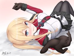Rule 34 | 1girl, bed sheet, black gloves, black pantyhose, blonde hair, blue eyes, blush, breasts, capelet, closed mouth, cross, gloves, graf zeppelin (kancolle), hair between eyes, highres, impossible clothes, jacket, kamui aya, kantai collection, knees together feet apart, knees up, large breasts, long hair, looking at viewer, lying, military, military uniform, miniskirt, multiple girls, necktie, on back, open mouth, outstretched hand, pantyhose, pleated skirt, presenting, sidelocks, signature, skirt, smile, solo, tsurime, twintails, uniform