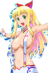 Rule 34 | 00s, 1girl, blonde hair, breasts, bridal gauntlets, choker, duplicate, earrings, green eyes, jewelry, large breasts, long hair, marin (marine-sky-earth), marin (umi monogatari), naked suspenders, no bra, outstretched arms, pointy ears, revealing clothes, solo, spread arms, suspenders, topless, ueyama michirou, umi monogatari