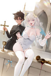 Rule 34 | 2girls, albino, alcohol, bad id, bad pixiv id, borrowed character, breasts, chalice, cirilla lin, claw pose, cleavage, collar, commentary request, cross, cup, dark-skinned female, dark skin, demon girl, demon horns, demon tail, chalice, heart, heart-shaped pupils, highres, horns, interracial, large breasts, leotard, micchan (ohisashiburi), multiple girls, nacchan (ohisashiburi), original, priest, red eyes, short hair, sitting, spill, symbol-shaped pupils, tail, thighhighs, tongue, tongue out, white hair, white legwear, white leotard, wine, yuri