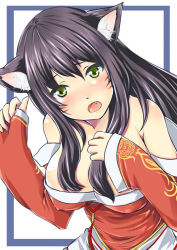 Rule 34 | 1girl, ahri (league of legends), animal ears, bad id, bad pixiv id, bare shoulders, black hair, breasts, cleavage, detached sleeves, facial mark, fang, fox ears, green eyes, large breasts, league of legends, long hair, looking at viewer, mashua, open mouth, solo, whisker markings
