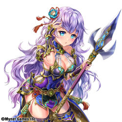 Rule 34 | 1girl, blue eyes, blush, bracer, breasts, cleavage, clothing cutout, company name, esphy, fantasy, flower, hair flower, hair ornament, hand up, holding, holding polearm, holding weapon, large breasts, long hair, looking at viewer, official art, polearm, purple hair, sangoku infinity, side cutout, simple background, solo, thighhighs, trident, weapon, white background