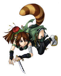 Rule 34 | 1girl, all fours, animal ears, bandages, gyoubu danuki, gyoubu danuki (monster girl encyclopedia), hair ornament, japanese clothes, kenkou cross, knife, kunai, monster girl, monster girl encyclopedia, ninja, official art, ponytail, raccoon, reverse grip, sandals, simple background, solo, tail, tail raised, tanuki, thigh strap, thighhighs, weapon, white background