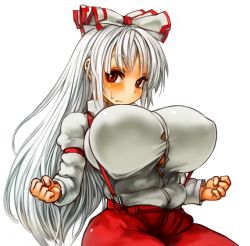 Rule 34 | 1girl, before and after, breasts, fat rolls, female focus, fujiwara no mokou, hair ribbon, huge breasts, looking at viewer, perky breasts, plump, red eyes, ribbon, sachito, solo, suspenders, touhou, white hair, wide hips