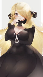 1girl absurdres alternate_breast_size blonde_hair breasts cleavage coat commentary_request covered_navel creatures_(company) cynthia_(pokemon) fur-trimmed_coat fur_collar fur_trim game_freak grey_background grey_eyes hair_ornament hair_over_one_eye hand_up highres large_breasts long_hair long_sleeves nintendo pants pokemon pokemon_dppt shirt sitting solo v-neck very_long_hair wavy_hair yama_(toaru_puyopuyo)