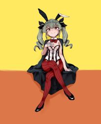 Rule 34 | 1girl, absurdres, alternate costume, anchovy (girls und panzer), animal ears, aomushi (mushamusha), black cape, black footwear, black ribbon, bow, bowtie, breasts, cape, closed mouth, collar, commentary, crossed legs, detached collar, dress, drill hair, fake animal ears, female focus, full body, girls und panzer, gloves, green hair, hair ribbon, hand on own chest, high heels, highres, leotard, long hair, looking at viewer, medium breasts, orange background, pantyhose, playboy bunny, pumps, rabbit ears, red bow, red bowtie, red eyes, red pantyhose, ribbon, shoes, simple background, sitting, smile, solo, strapless, strapless dress, striped bow, striped bowtie, striped clothes, striped neckwear, striped pantyhose, twin drills, twintails, two-tone background, vertical-striped clothes, vertical-striped pantyhose, white collar, white gloves, white leotard, wing collar, yellow background